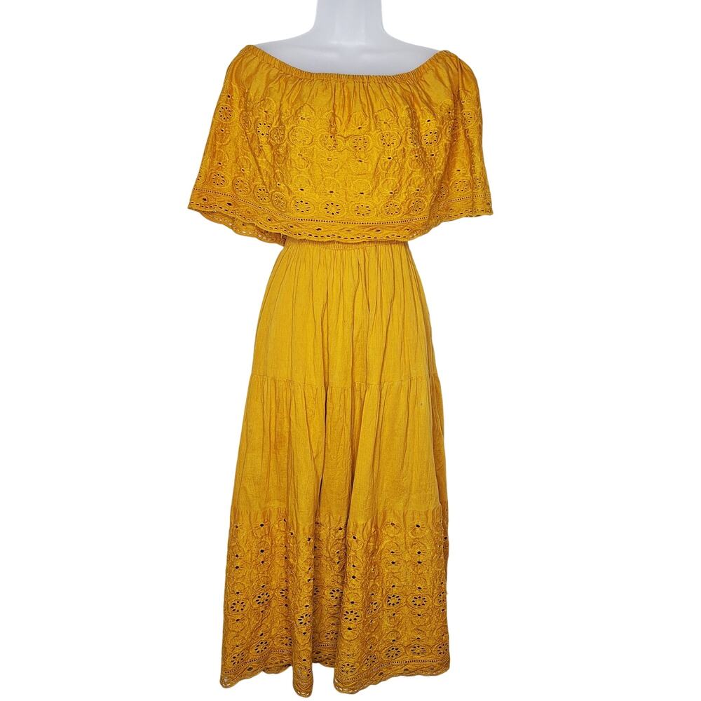 NAOO Off Shoulder Midi Dress Embroidered M Peasant Mustard Marigold Boho Tiered